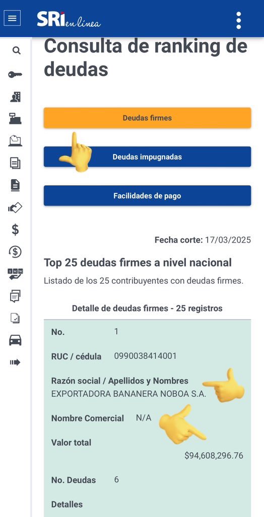 A cualquier ecuatoriano que no pague sus impuestos al SRI, inmediatamente le ponen multas, le impiden trabajar, no le dejan facturar, etc, etc, etc.

Pero Noboa dice públicamente a todo el país que NO LE VA A COBRAR los 94 Millones que debe su empresa familiar, ya mejor cierren