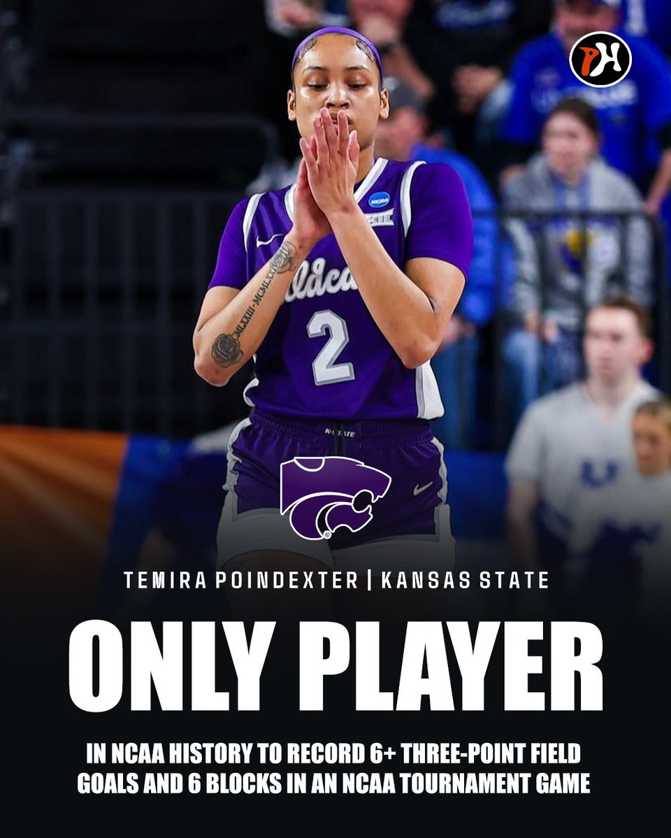 postherhoops's tweet photo. Because WHAT⁉️😲

Temira Poindexter made history today by becoming the first player in NCAA history to record 6 blocks and 6 or more three-point field goals in an NCAA tournament game.

▪24 PTS 
▪6 REB
▪6 BLK
▪8/15 3FG

The Kansas State Wildcats advanced to their first Sweet Sixteen since 2002.