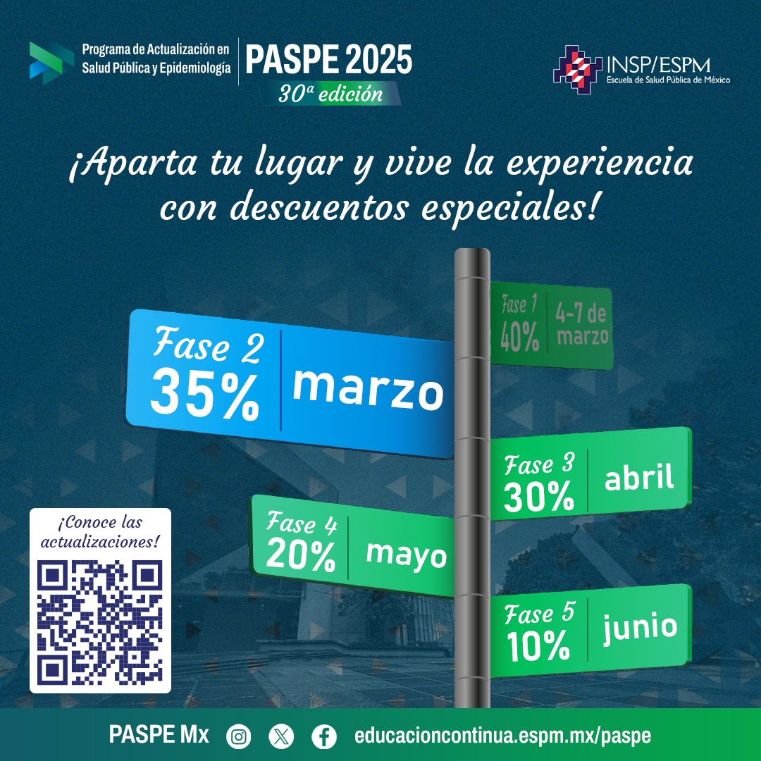 SaludPublicaMx's tweet photo. ¡Últimos días! 📣 Aprovecha el 35% de descuento directo durante el mes de marzo en cualquier curso de tu elección para el @PASPEMx 2025 ✨
Descubre las opciones vigentes:
🌐 https://t.co/2AXpKL1sgJ
#30PASPE #SaludPública #Epidemiología #ProgramaDeVerano #ESPM #INSP https://t.co/DsJ28Xc9hR