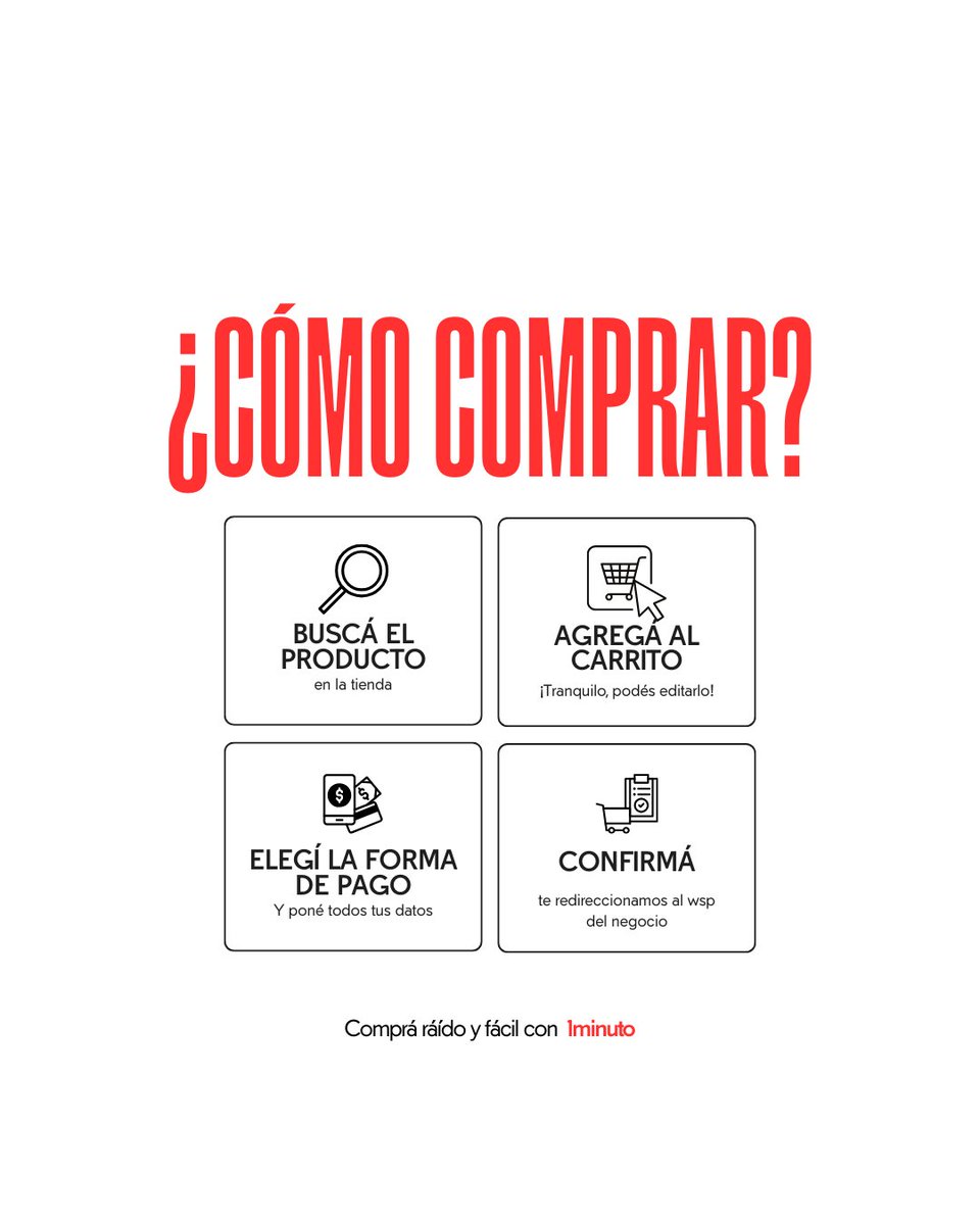 🛒 ¿Comprar en tu tienda? Un trámite.

🔍 Buscás el producto
🛍️ Lo metés al carrito
💳 Elegís cómo pagar
✅ Confirmás y listo
#1minuto
