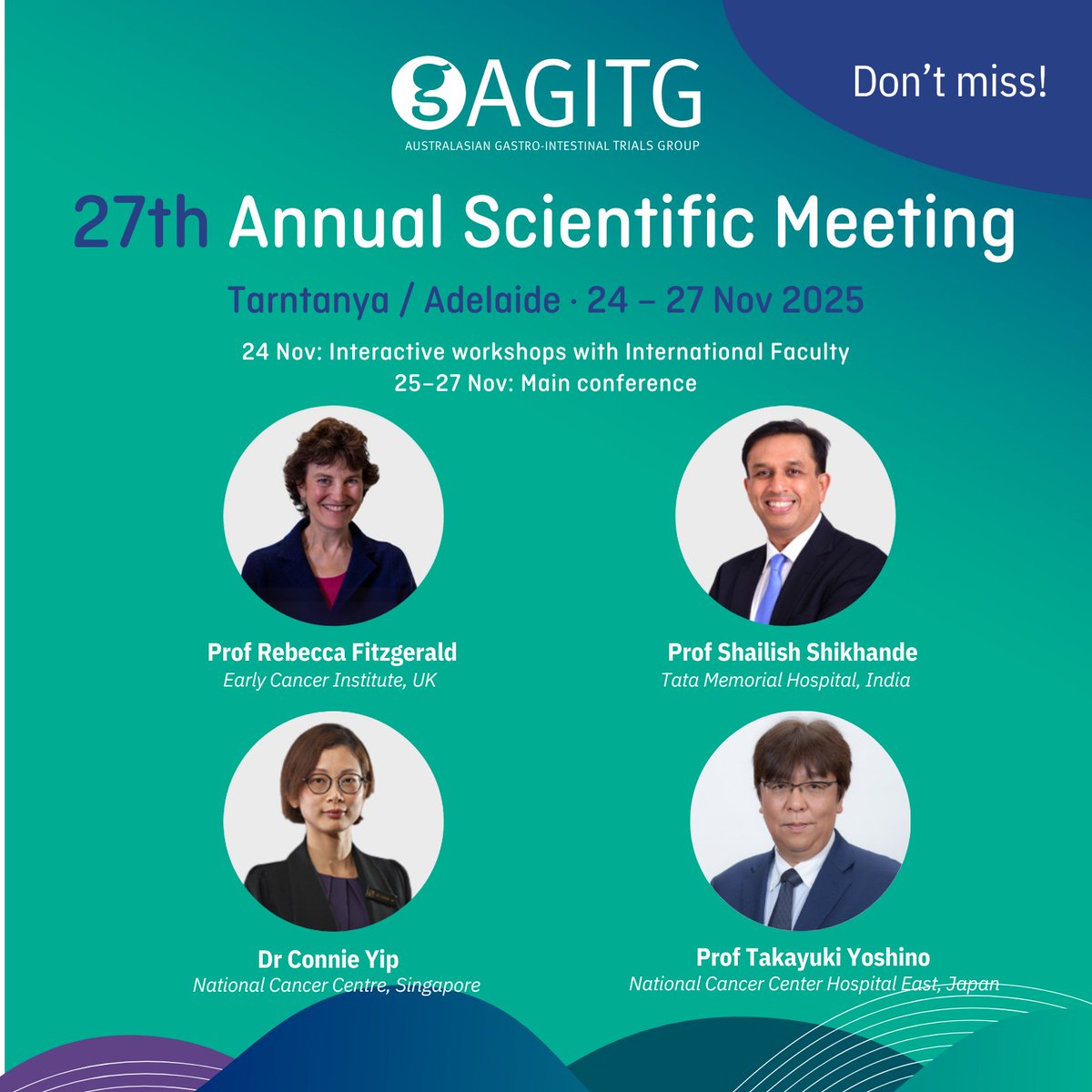 GI Cancer Institute and AGITG (@gicancer) on Twitter photo We're pleased to announce four of the intl renowned invited faculty who will be presenting at our 2025 #AGITG ASM in Adelaide: Prof Yoshino, Japan & Prof <a href="/Shrikhande_SV/">Shailesh V. Shrikhande</a>, India, Dr Yip, Singapore & Prof <a href="/RFitzgerald_lab/">Rebecca Fitzgerald Lab</a>, UK. Read their bios, here: gicancer.org.au/ASMInvitedFacu… We're pleased to announce four of the intl renowned invited faculty who will be presenting at our 2025 #AGITG ASM in Adelaide: Prof Yoshino, Japan & Prof <a href="/Shrikhande_SV/">Shailesh V. Shrikhande</a>, India, Dr Yip, Singapore & Prof <a href="/RFitzgerald_lab/">Rebecca Fitzgerald Lab</a>, UK. Read their bios, here: gicancer.org.au/ASMInvitedFacu…