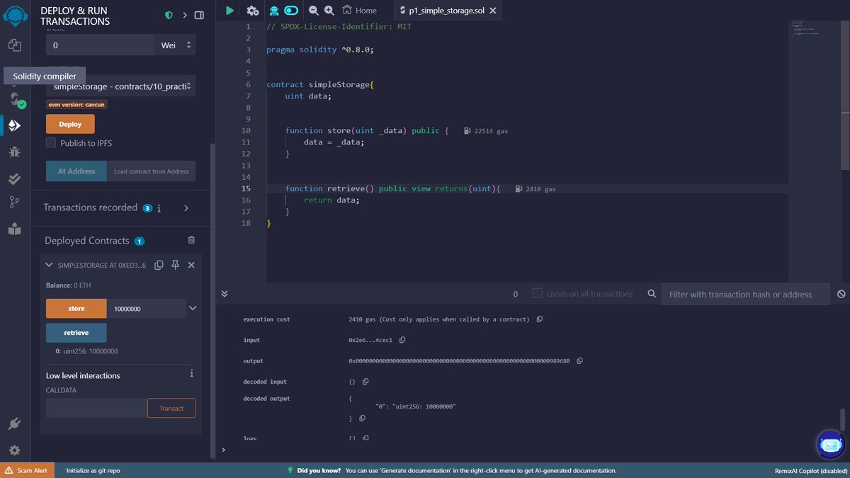 tanejarohan6's tweet photo. hey X!,
I am learning solidity by creating projects -
so here is a very simple project to start with -
simpleStorage contract with a variable , and two function store and retrieve the variable value.
#LearningJourney
#Web3
#solidty https://t.co/ToFjgnunmL