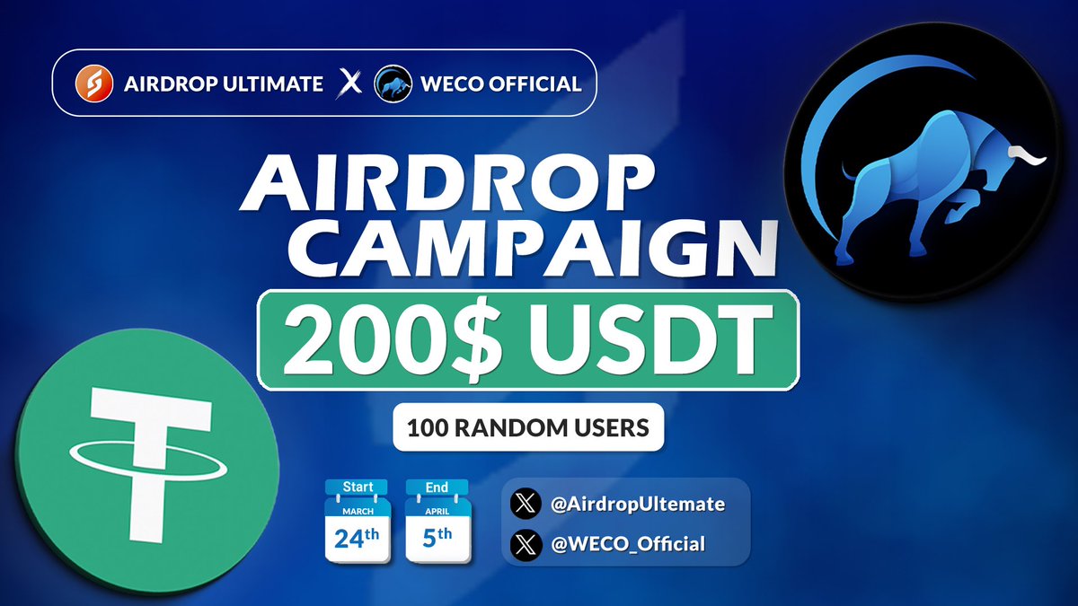 New Airdrop: <a href="/WECO_Official_X/">WECO Official</a> 
Reward: 200$ USDT
Distribution: 6th April

🔗Airdrop Link: taskon.xyz/quest/54890941

-Complete all tasks of the airdrop
-Connect Your BSC Wallet Address
-For 100 Random Lucky Winners

Done ✅Done✅Done✅Done✅

#Airdrop #Giveaway #Crypto #LFG #WECO