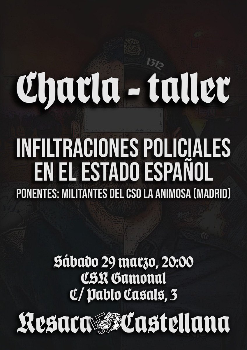 Os esperamos este sábado a partir de las 20:00 en el <a href="/CsrGamonal/">C.S.R. Gamonal</a>.

Acude y difunde.