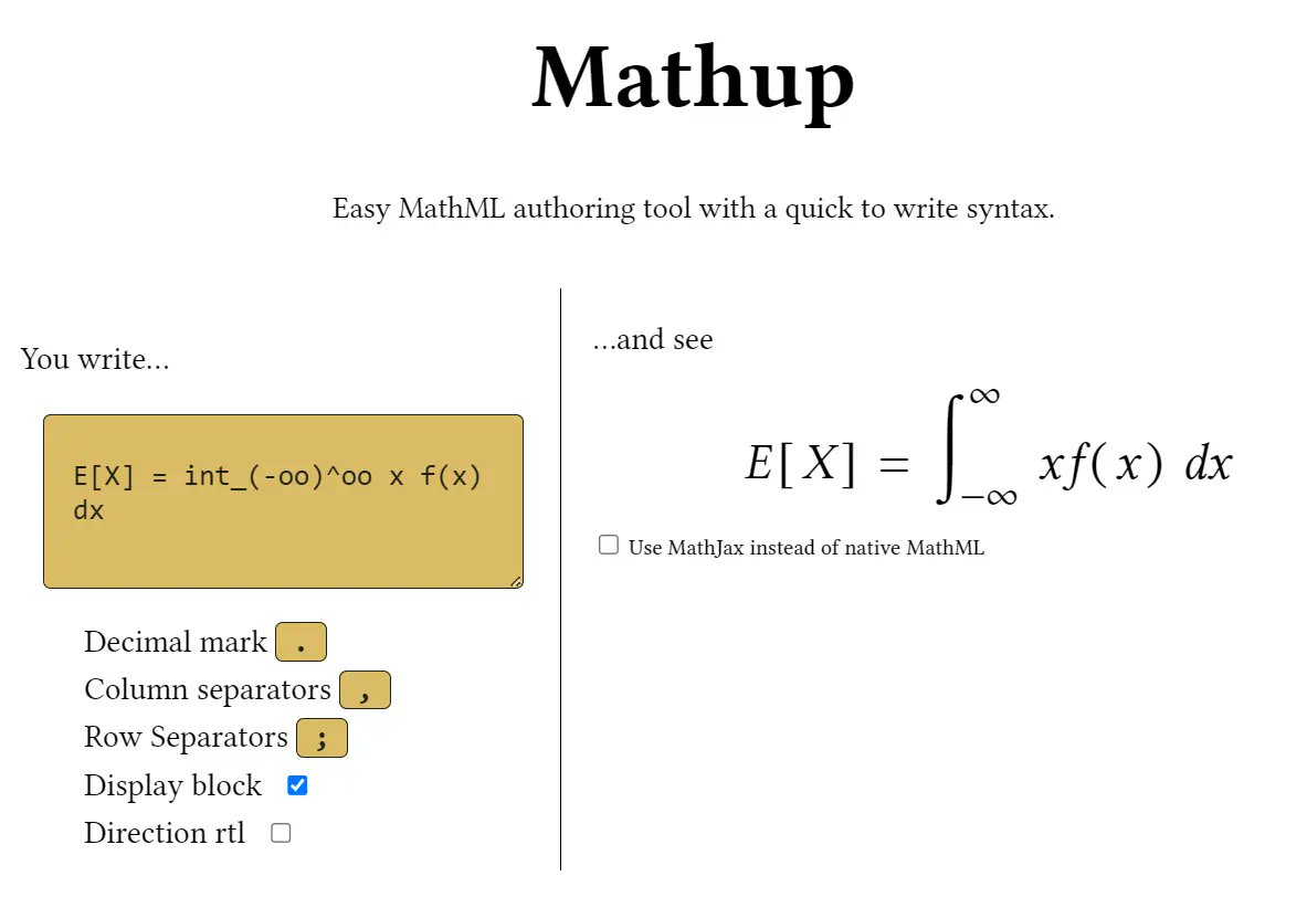 jqueryscript's tweet image. Mathup.js: Write MathML faster than LaTeX escapes. Perfect for docs and education apps.
- Lightweight and performant
- CLI/node/browser support
- RTL/Matrix/Color syntax
Playground: cssscript.com/demo/mathml-au…
#WebDev #MathML