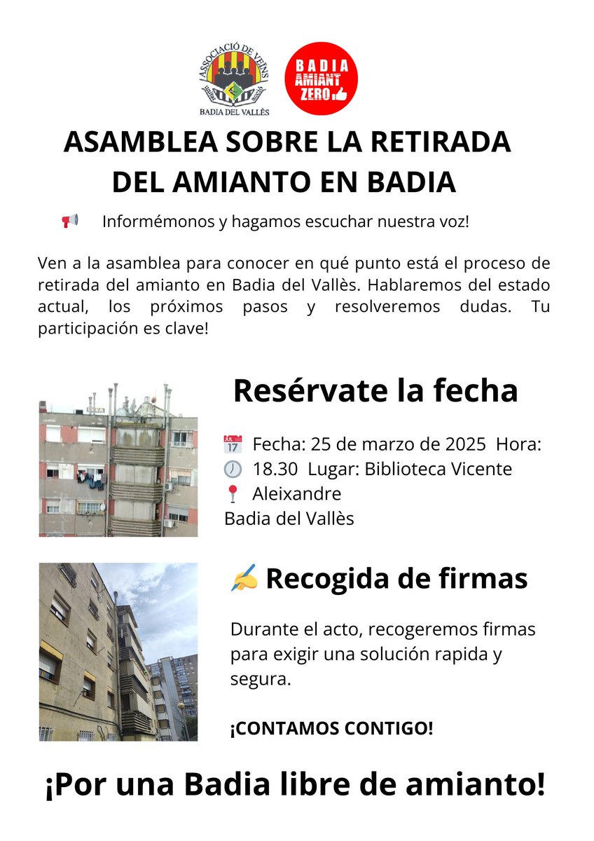 ¿Quieres saber como esta el tema de la retirada del amianto, tienes dudas?  ¿Pues mañana es el día, apunta, comparte este mensaje y no faltes!

ASAMBLEA INFORMATIVA SOBRE LA RETIRADA DEL AMIANTO EN BADIA.

👉Martes 25 de marzo 
⌚️18.30 horas
🏫Biblioteca Vicente Aleixandre