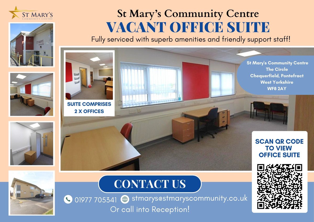 St Mary's Community Centre Pontefract (@stmarysccponte) on Twitter photo 📣VACANT OFFICE SUITE📣
Looking for office space? We have a great suite available – the perfect place to work from!
Contact us for more details:
☎️ 01977 705341
📧 stmarys@stmaryscommunity.co.uk
Or visit us at Reception!
Please feel free to pass this on!😊 📣VACANT OFFICE SUITE📣
Looking for office space? We have a great suite available – the perfect place to work from!
Contact us for more details:
☎️ 01977 705341
📧 stmarys@stmaryscommunity.co.uk
Or visit us at Reception!
Please feel free to pass this on!😊