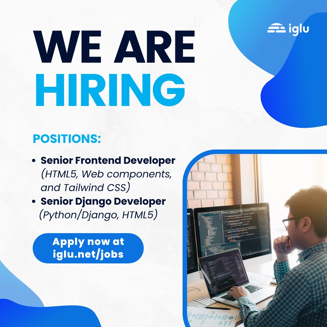 We’re hiring remote developers to join our team: 
✅Senior Frontend Developer – HTML5, Web Components, Tailwind CSS  
✅Senior Django Developer – Python, Django, HTML5  Apply here iglu.net/jobs/
#remotejobs #frontenddeveloper #pythonjobs #hiringdevelopers #iglu
