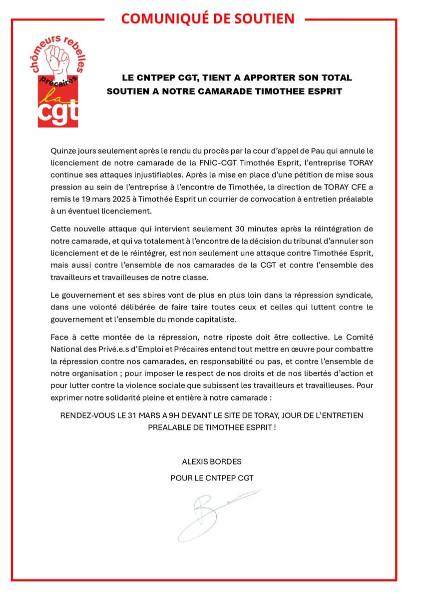 LE CNTPEP CGT, TIENT A APPORTER SON TOTAL SOUTIEN A NOTRE CAMARADE TIMOTHEE ESPRIT.
RENDEZ-VOUS LE 31 MARS A 9H DEVANT LE SITE DE TORAY, JOUR DE L’ENTRETIEN PREALABLE DE TIMOTHEE ESPRIT !