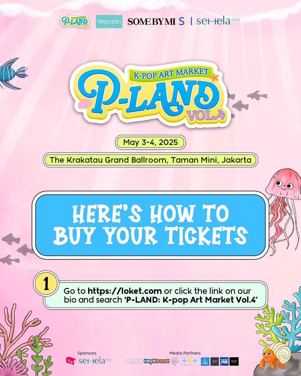 Get ready to explore P-LAND: K-pop Art Market Vol.4—ticket sales are launching soon!🐚

⚓Before you set sail, check our purchase guide and set your alarms! 

🎟️ PRE-SALE 🎟️
📅 Tuesday, March 25th, 2025
⏰ 14:00 WIB

🎟️ GENERAL SALE 🎟️
📅 Wednesday, March 26th, 2025
⏰ 14:00 WIB