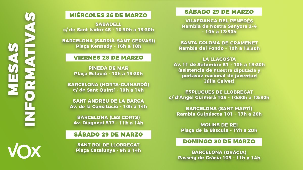 vox_barcelona's tweet photo. 📢 Calendario de mesas informativas para esta semana en @vox_barcelona

🇪🇦 Ven a conocernos a tu carpa más cercana. https://t.co/SChbbZGjvx