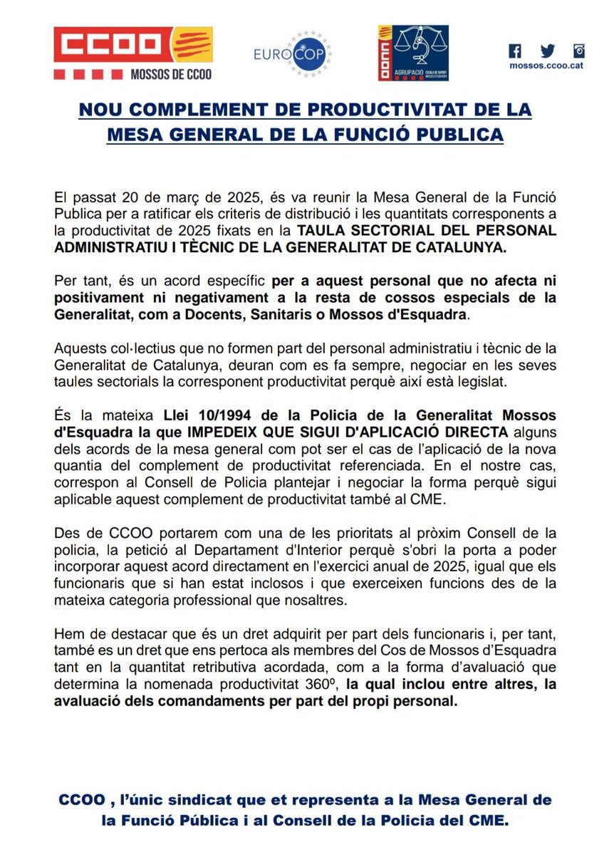 Explicació del nou complement de productivitat del personal tècnic i administratiu de la Generalitat de Catalunya.
Tota la info aquí ⬇️⬇️⬇️.