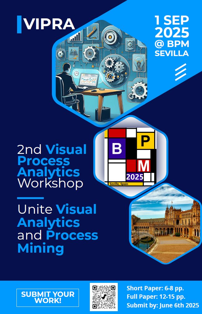 📢Happy to announce the 2nd workshop on Visual Process Analytics (VIPRA) to bring together #Visual #Analytics and #Process Mining at #BPM2025. Come to submit a paper to our workshop! (Deadline: June 6th, 2025).

More details can be found on our website:
vipra-workshop.github.io/homepage/
