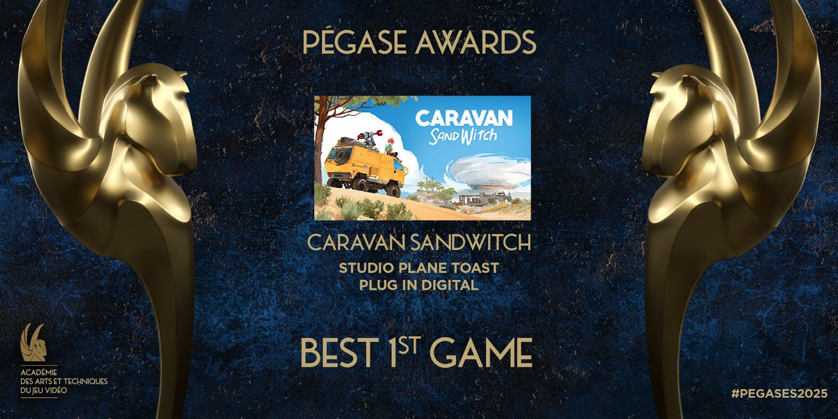 Académie des Arts et Techniques du Jeu Vidéo (@academiejv) on Twitter photo Winner of the Best 1st Game award at the #Pégases2025 🏆
Congratulations to the team of Caravan SandWitch from <a href="/planetoastdev/">PlaneToast✈️🍞</a>, published by <a href="/plugindigital/">Plug In Digital</a>! Winner of the Best 1st Game award at the #Pégases2025 🏆
Congratulations to the team of Caravan SandWitch from <a href="/planetoastdev/">PlaneToast✈️🍞</a>, published by <a href="/plugindigital/">Plug In Digital</a>!
