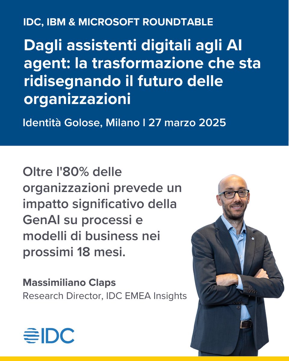 Come la pervasività dell'#AI, accelerata dalla #GenAI, sta ridisegnando la frontiera dell'innovazione per le aziende e le pubbliche amministrazioni italiane.

IDC ne parlerà con <a href="/IBMItalia/">IBM Italia</a> e <a href="/microsoftitalia/">Microsoft Italia</a> il 27 marzo a Milano: idc.com/eu/events/7205… 

#idc #ibm #microsoft