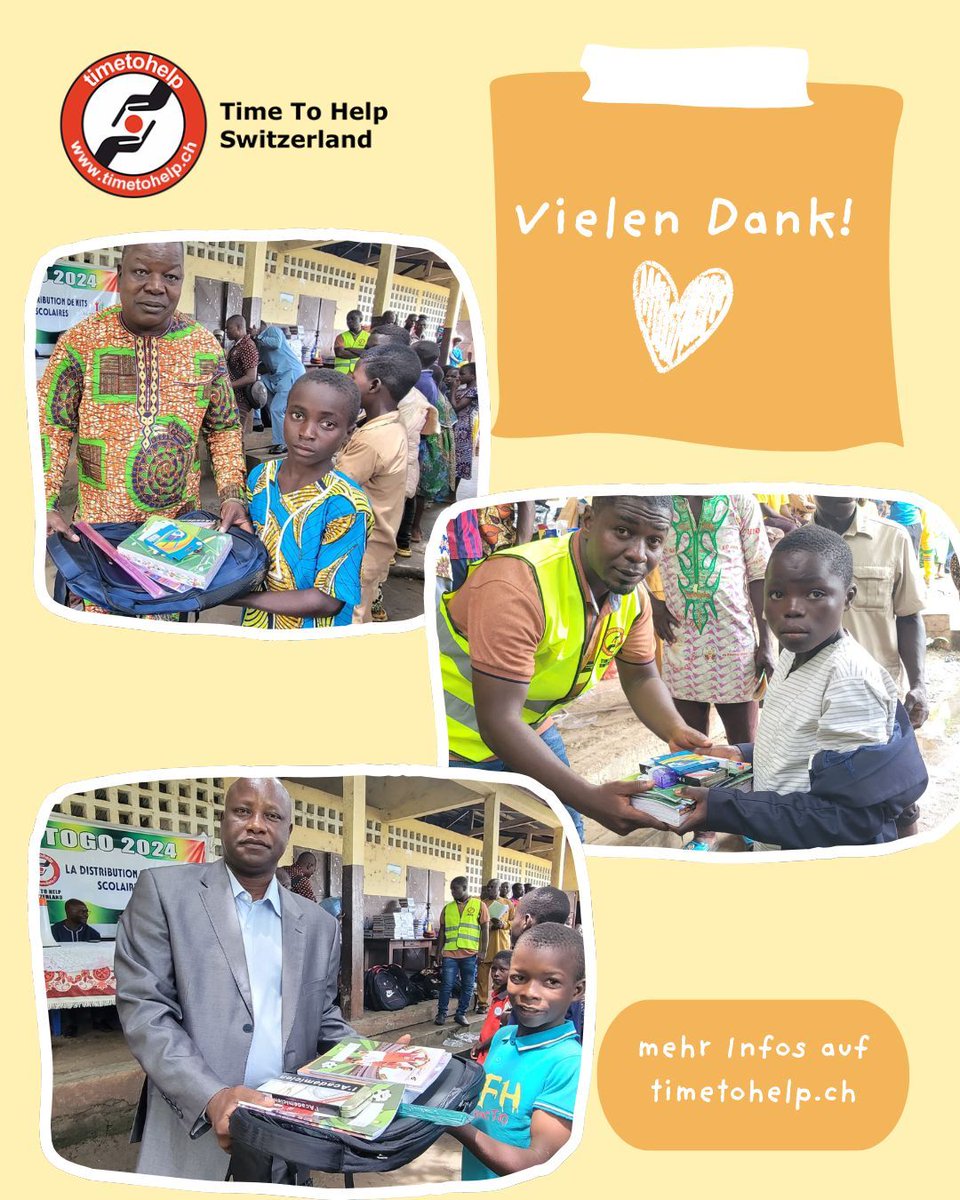 Bildung verändert Leben – und fängt oft mit einfachen Dingen an. 📚✏️
In Togo konnten wir gemeinsam mit Le Temps d'Aider 236 Kinder mit Schulmaterialien ausstatten.
Danke an alle, die Hoffnung und Zukunft schenken! ❤️

Jetzt spenden: timetohelp.ch/campaigns/bild… 
#BildungFürAlle #Togo