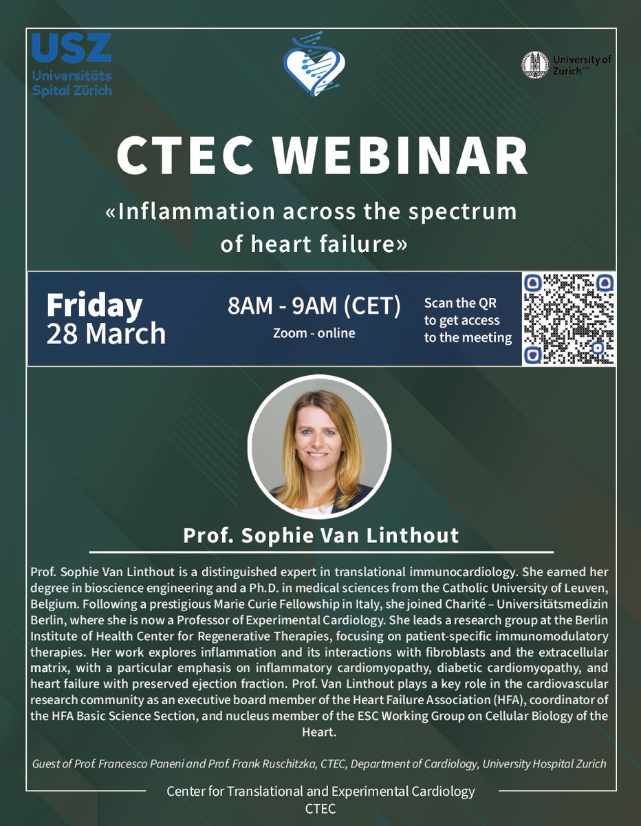 Francesco Paneni (@francescopaneni) on Twitter photo I am very pleased to host Prof. Sophie Van Linthout for our CTEC Webinar. Scan the QR code and join us to stay updated with the latest insights on the role of inflammation across the spectrum of heart failure! <a href="/CTECresearch/">CTEC - Zurich University Heart Center</a> <a href="/CardioZurich/">Cardiology USZ</a> <a href="/AbbateAntonio/">AntonioAbbate</a> <a href="/GoricaEra/">Era Gorica</a> #HFA I am very pleased to host Prof. Sophie Van Linthout for our CTEC Webinar. Scan the QR code and join us to stay updated with the latest insights on the role of inflammation across the spectrum of heart failure! <a href="/CTECresearch/">CTEC - Zurich University Heart Center</a> <a href="/CardioZurich/">Cardiology USZ</a> <a href="/AbbateAntonio/">AntonioAbbate</a> <a href="/GoricaEra/">Era Gorica</a> #HFA