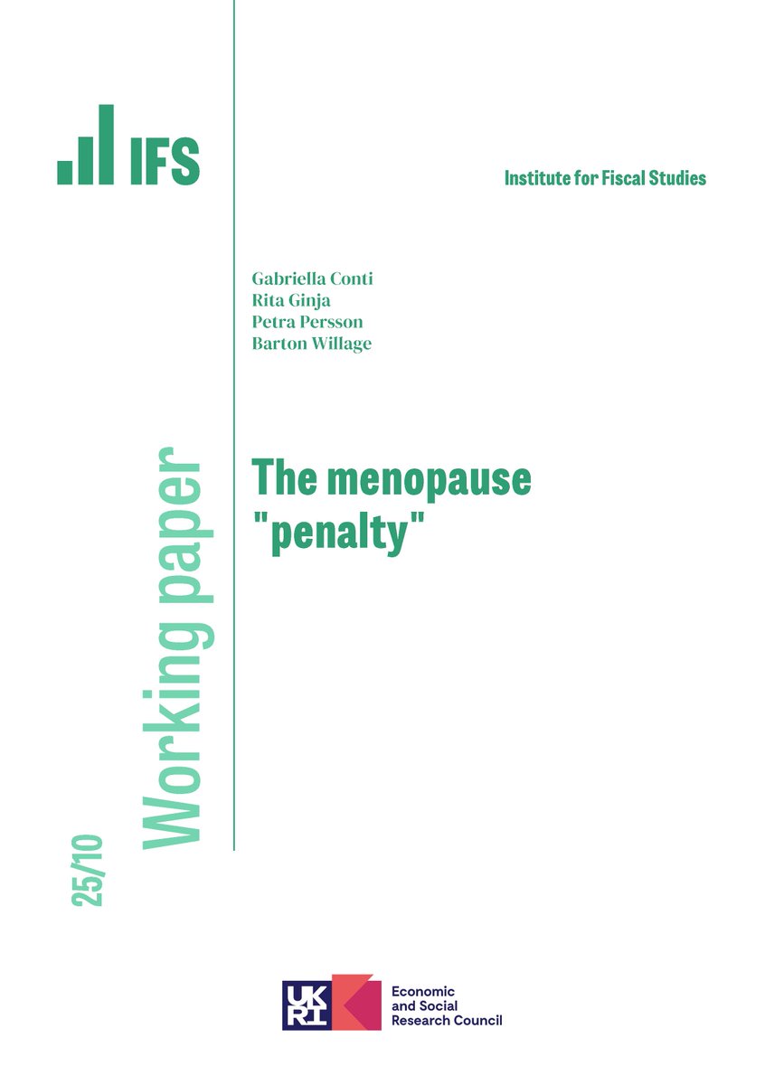 Institute for Fiscal Studies (@theifs) on Twitter photo NEW #IFSWorkingPaper: The menopause "penalty"
📗 <a href="/Gabri_EllaConti/">Gabriella Conti</a>, <a href="/RitaGinja/">Rita Ginja</a>, <a href="/PerssonPetra/">Petra Persson</a> and Barton Willage's paper finds that a menopause diagnosis leads to lasting drops in earnings and employment, alongside greater reliance on social transfers. NEW #IFSWorkingPaper: The menopause "penalty"
📗 <a href="/Gabri_EllaConti/">Gabriella Conti</a>, <a href="/RitaGinja/">Rita Ginja</a>, <a href="/PerssonPetra/">Petra Persson</a> and Barton Willage's paper finds that a menopause diagnosis leads to lasting drops in earnings and employment, alongside greater reliance on social transfers.