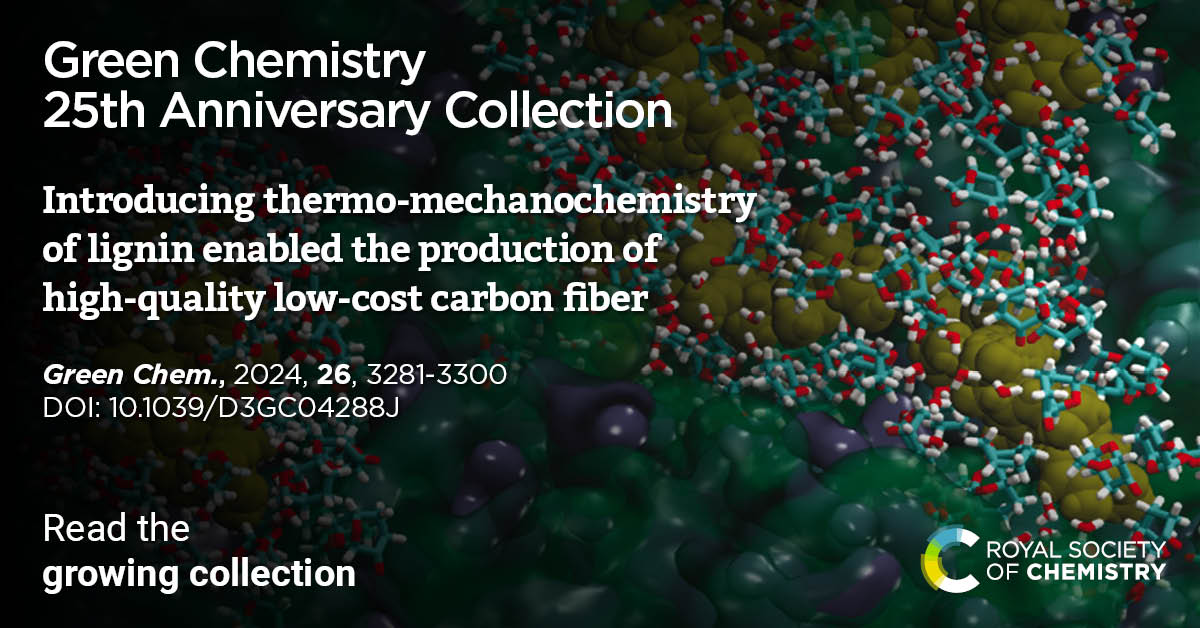 Green Chemistry (@green_rsc) on Twitter photo Part of our 25th Anniversary collection💚
Production of low-cost high-quality carbon fiber using lignin alone without chemical treatment or additives ✅
🔗doi.org/10.1039/D3GC04…
Interview ➡ blogs.rsc.org/gc/2025/03/24/…
#OpenAccess #MyGreenChemStory
<a href="/RoySocChem/">Royal Society of Chemistry</a> <a href="/IowaStateU/">Iowa State University</a> Part of our 25th Anniversary collection💚
Production of low-cost high-quality carbon fiber using lignin alone without chemical treatment or additives ✅
🔗doi.org/10.1039/D3GC04…
Interview ➡ blogs.rsc.org/gc/2025/03/24/…
#OpenAccess #MyGreenChemStory
<a href="/RoySocChem/">Royal Society of Chemistry</a> <a href="/IowaStateU/">Iowa State University</a>
