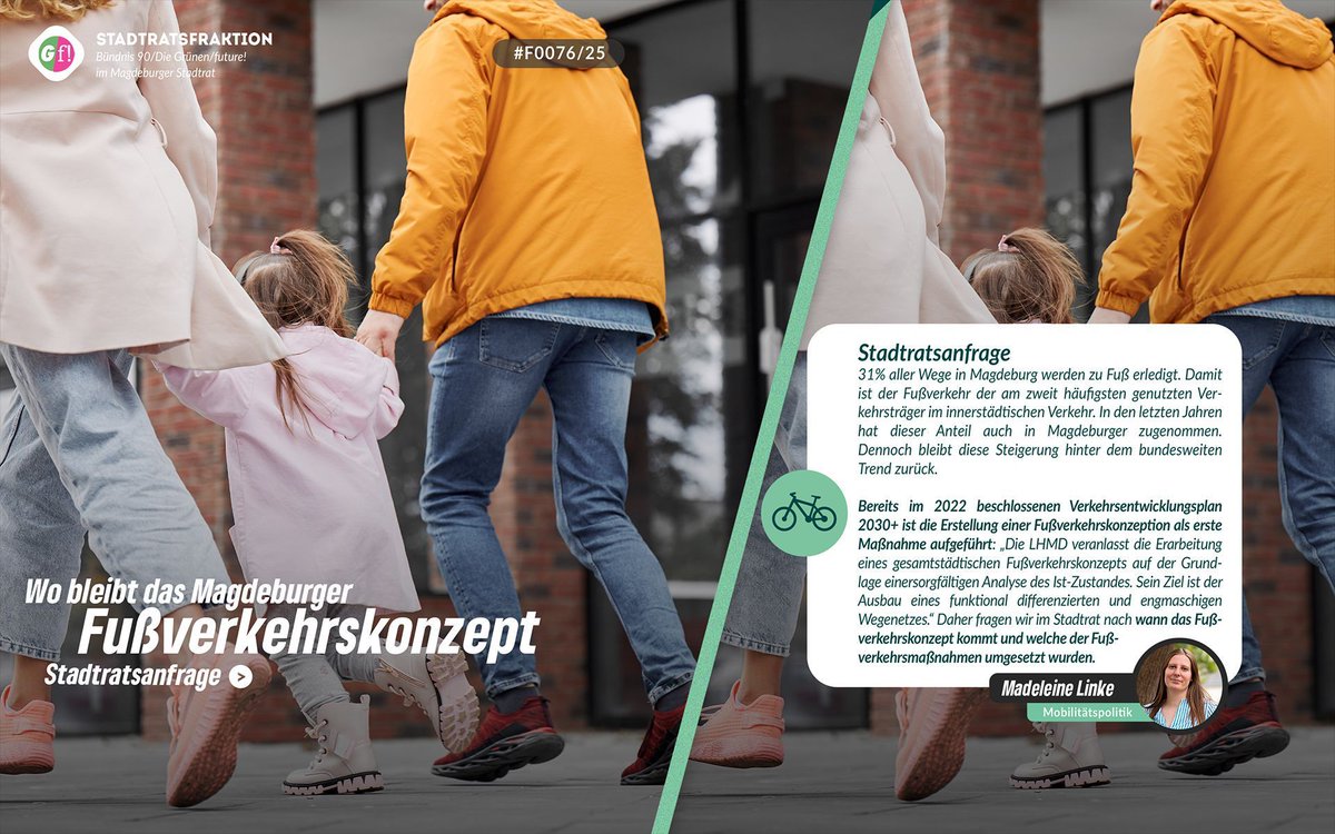 Nicht nur beim Radverkehr tut sich wenig auch bei den Investitionen in den Fußverkehr bewegt sich in Magdeburg kaum was. Bereits 2022 beschloss der Stadtrat die Erstellung eines Fußverkehrskonzepts. Wir fragen nach wann es kommt.
ratsinfo.magdeburg.de/vo0050.asp?__k…