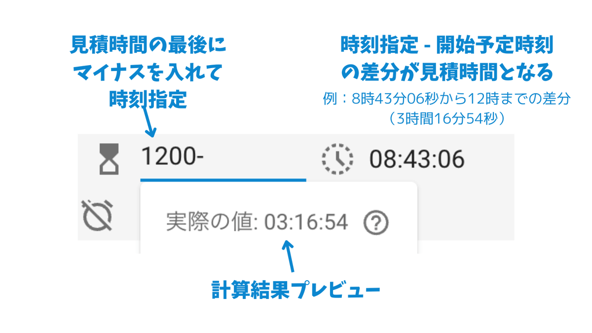 # 🔈 < 2025-3-24 #TaskChuteCloud2 UPDATE🔥

## 指定時刻までの差分を見積時間に設定できる機能

見積時間を設定する際、最後にマイナスを入れて時刻を指定すると、指定時刻からそのタスクの開始予定時刻を引いた差分を見積時間に設定する実験的な機能を追加しました（画像1）