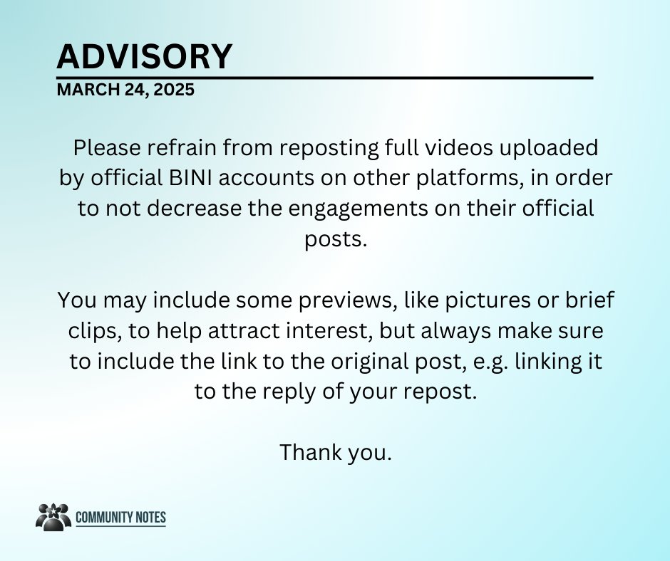 BINICOMNOTES's tweet photo. ๐ฃ ADVISORY!
While cross-platform sharing can help increase views by reaching new audiences, reposting full videos can lower engagement on the original post. Instead, try sharing teasersโlike pictures or clipsโand always link back to the original post. #BINICommunityNotes https://t.co/hqOmzY0byI