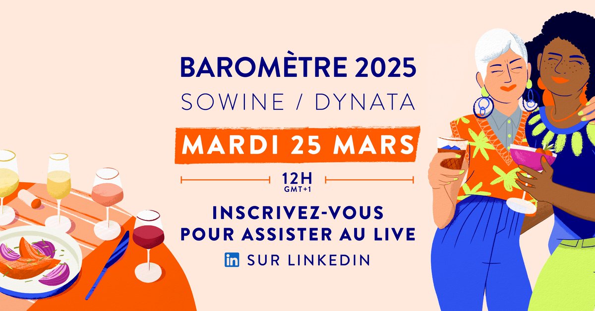 📣Le Baromètre SOWINE/Dynata 2025 c’est demain à 12h en live sur LinkedIn !

Pour s’inscrire 
➡ bit.ly/baromètreSOWIN…

👉Le Baromètre SOWINE/Dynata est la première étude sur le comportement des consommateurs de vin, de champagne, de bière, de spiritueux et de no-low en France.