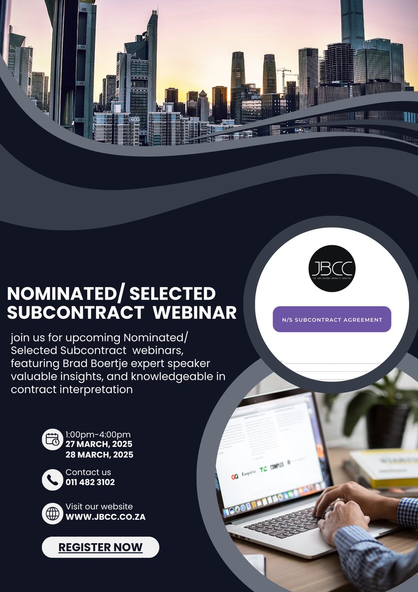 BBCBE (@bbcbe_sa) on Twitter photo Join the JBCC for an essential JBCC Nominated/Selected Subcontract Webinar this Thursday, 27 March 2025, and Friday, 28 March 2025, from 13h00 โ 16h00 each day!
REGISTER HERE
jbcc.co.za/events/nssa-trโฆ
For more information, contact us on infor@jbcc.co.za or on 011 4823102 Join the JBCC for an essential JBCC Nominated/Selected Subcontract Webinar this Thursday, 27 March 2025, and Friday, 28 March 2025, from 13h00 โ 16h00 each day!
REGISTER HERE
jbcc.co.za/events/nssa-trโฆ
For more information, contact us on infor@jbcc.co.za or on 011 4823102