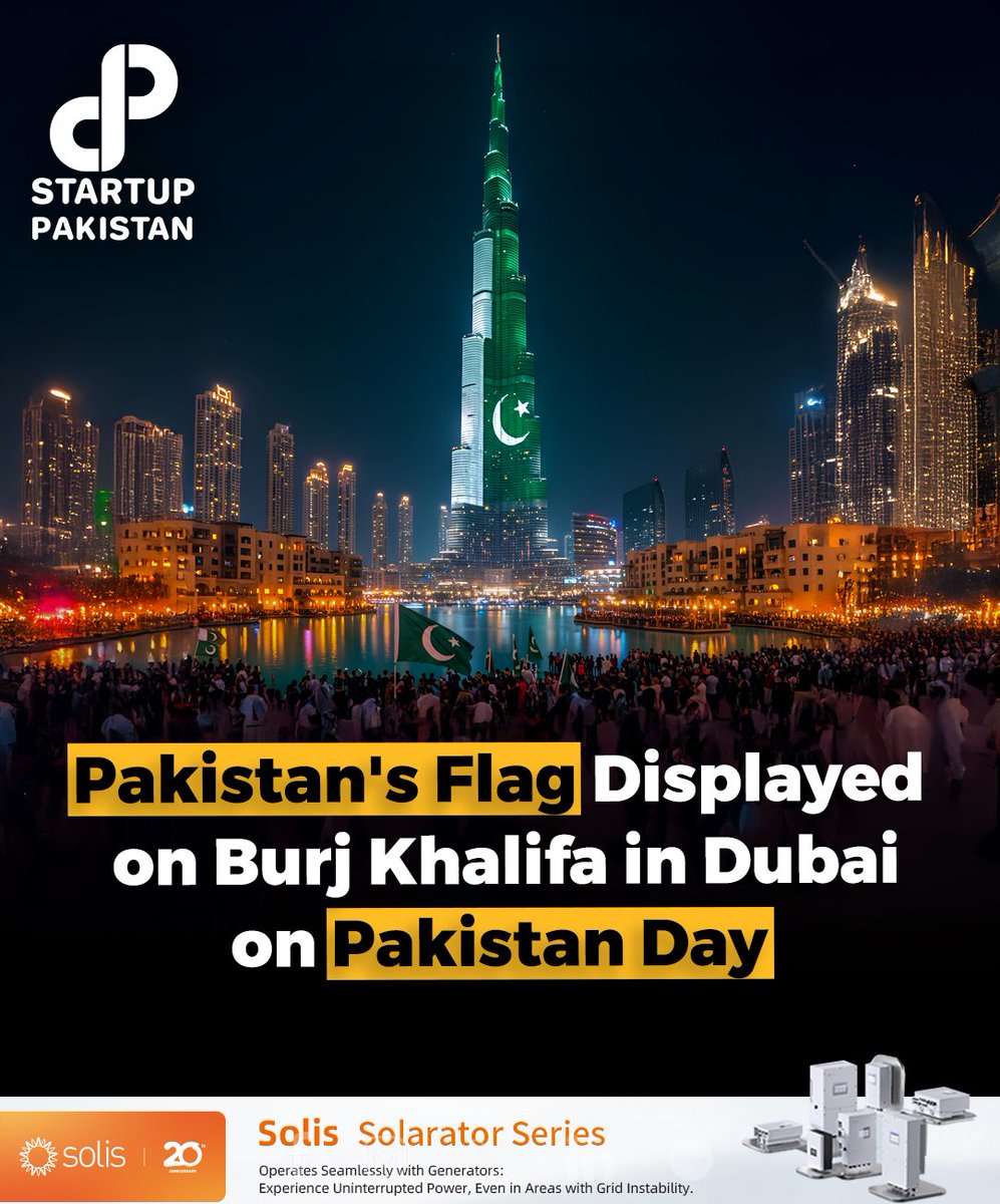 PakStartup's tweet image. On March 23, 2025, the Pakistani flag illuminated the Burj Khalifa in Dubai, celebrating Pakistan Day in grand style. 

#PakistanDay #BurjKhalifa #PakistanFlag #UAE #PakistanZindabad #NationalPride #23March #Dubai
