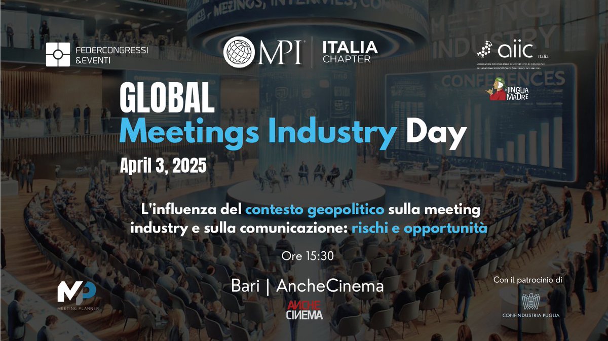 Il 3 aprile si celebra il Global Meetings Industry Day (GMID)  con un incontro sul tema “L’influenza del contesto geopolitico sulla Meeting Industry e sulla comunicazione: rischi e opportunità”.
Per partecipare : bit.ly/4kXfcfa
#GMID2025
#concretiecompetitivi