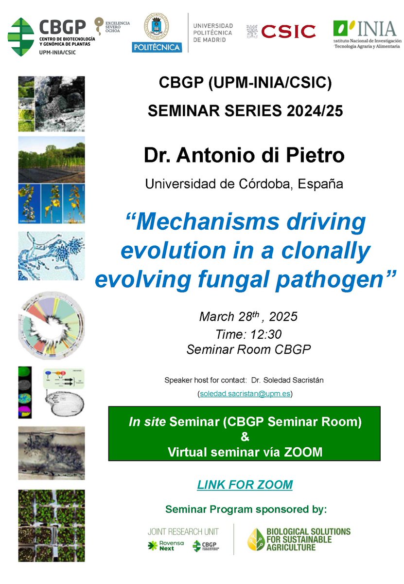 #SeminarCBGP | 28/03/25 - 12:30h

🧑🏽‍🔬 Dr. Antonio di Pietro
🌍 Universidad de Córdoba, España
📝 "Mechanisms driving evolution in a clonally evolving fungal pathogen”
💻 Zoom ID: 863 7359 1546 | Código acceso: 815698

#somosUPM