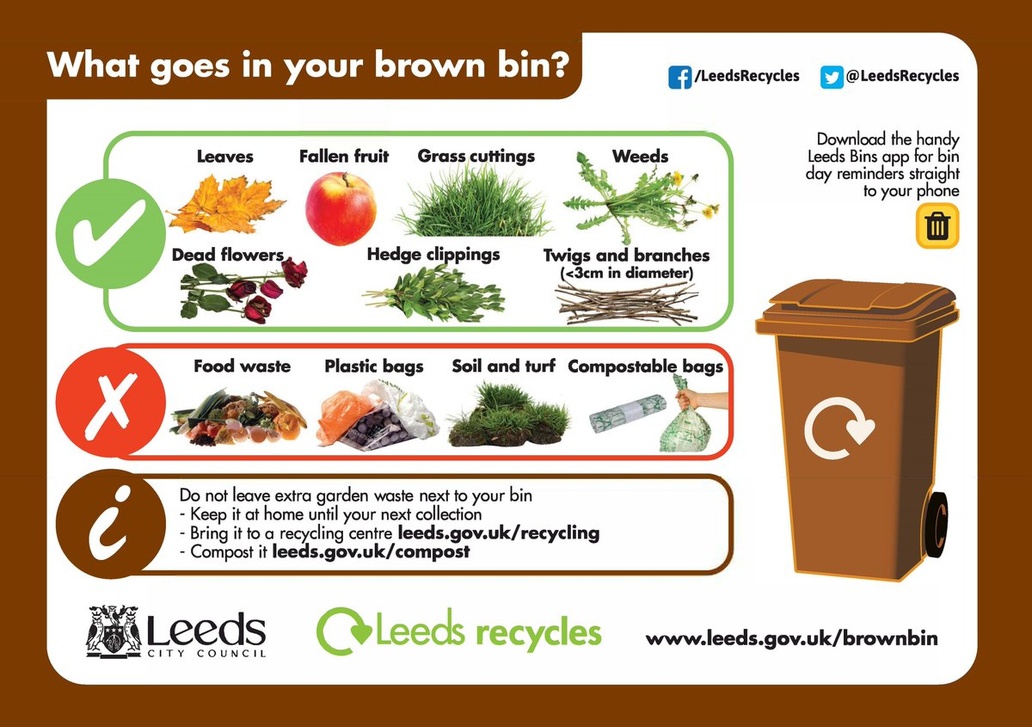 The first brown bins are out of hi-bin-ation!!! You can deposit leaves, grass, hedge clipping and small branches and twigs. Check your bin collection dates at leeds.gov.uk/mybinday or download the Leeds Bins App - android orlo.uk/AndroidBinsApp… apple orlo.uk/AppleBinsApp_k… 📲