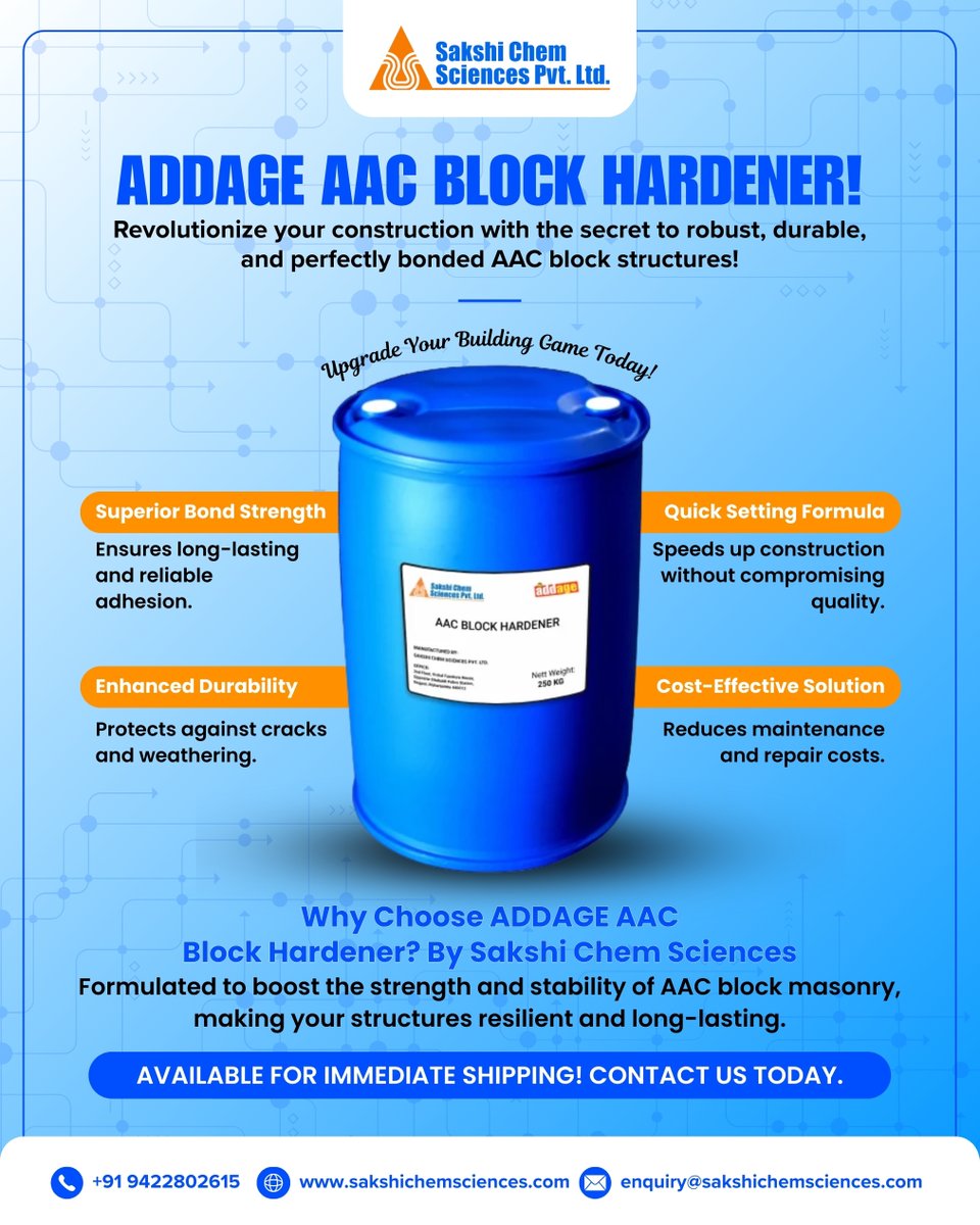 SakshiChemSci's tweet image. ⚡ Accelerate Your Construction! ⚡
Why wait longer when ADDAGE AAC Block Hardener gives you faster curing and unmatched strength?
🏢 Perfect for high-performance construction.

#StrongerStructures #AACBlocks #ADDAGEHardener #ConstructionMadeEasy #TrustADDAGE