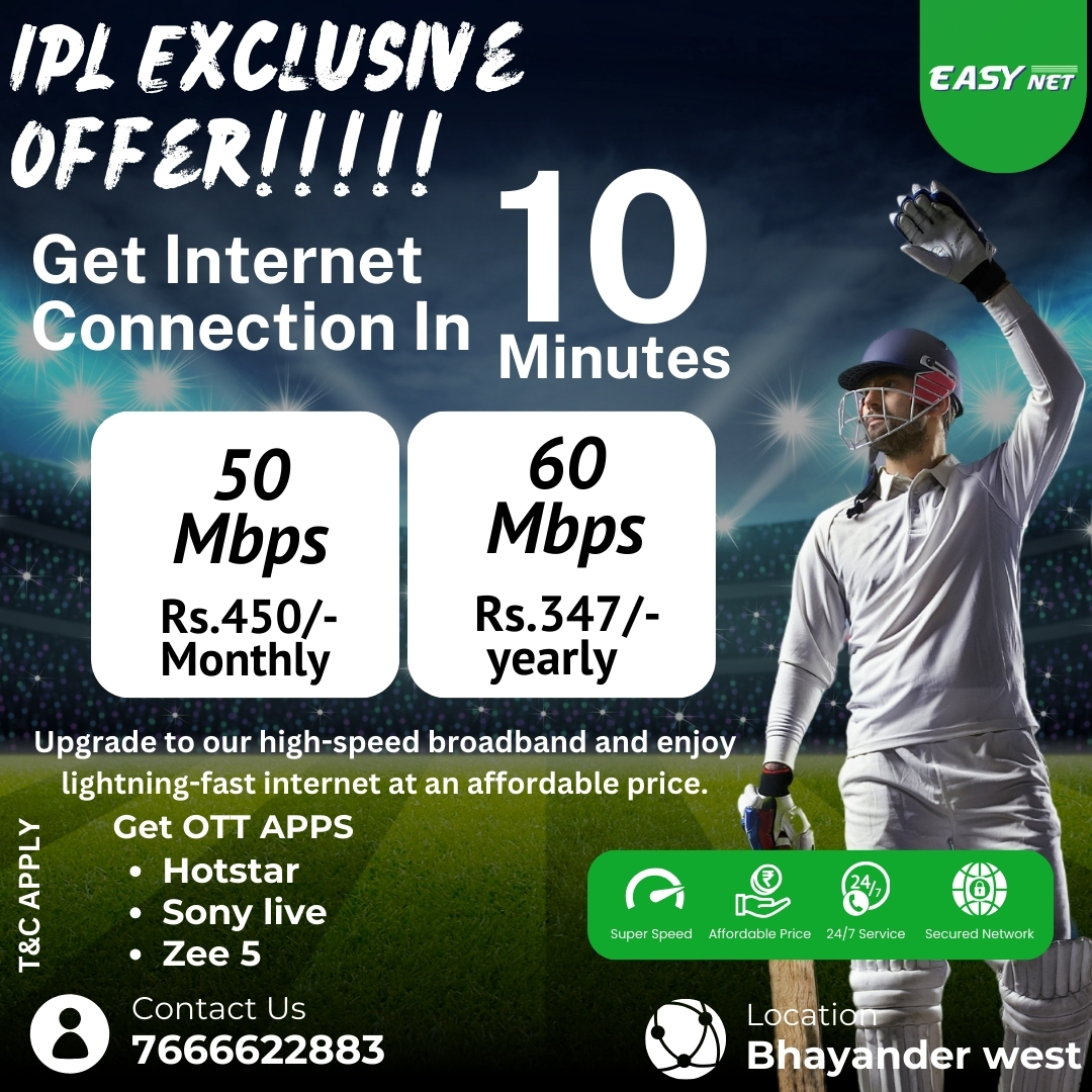 easynet01's tweet photo. Enjoy unlimited WiFi with zero buffering during IPL! Stream every match in high-speed broadband and never miss a moment of the action. 🏆🚀

Upgrade today with Easy Net Internet and enjoy seamless entertainment!

📞 Contact us now: 7666622883

📍 Location: Bhayander West https://t.co/HWTOm3TVFB
