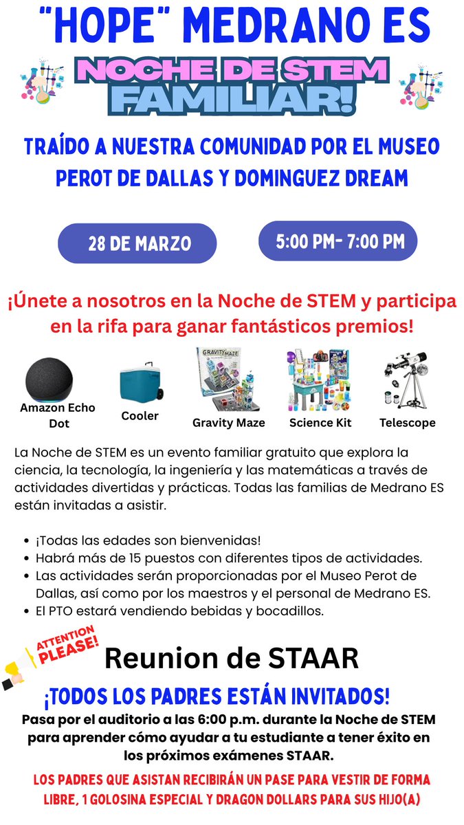 Esperanza “Hope” Medrano Elementary School (@dragonsmedrano) on Twitter photo Join us for Family STEM Night this Friday,March 28, from 5–7 PM!Plus,don’t miss the STAAR Test Parent Meeting at 6 PM.Special thanks to the Perot Museum & Dominguez Dream for their support! <a href="/DISDPadgett/">Michael Padgett</a> <a href="/JuanCordobaDISD/">NorthDallasVT</a> <a href="/RyanZysk/">Ryan Zysk</a> <a href="/dallasschools/">Dallas ISD</a> @Region3_DISD #prouddragonprincipal Join us for Family STEM Night this Friday,March 28, from 5–7 PM!Plus,don’t miss the STAAR Test Parent Meeting at 6 PM.Special thanks to the Perot Museum & Dominguez Dream for their support! <a href="/DISDPadgett/">Michael Padgett</a> <a href="/JuanCordobaDISD/">NorthDallasVT</a> <a href="/RyanZysk/">Ryan Zysk</a> <a href="/dallasschools/">Dallas ISD</a> @Region3_DISD #prouddragonprincipal