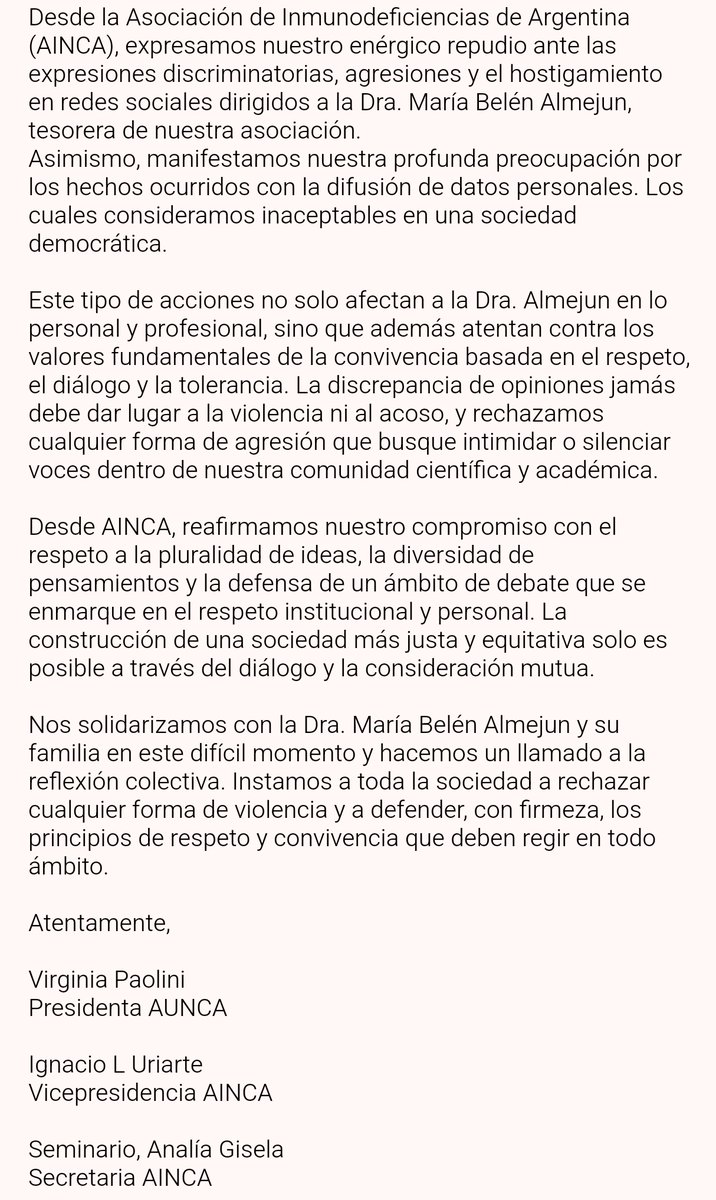 Siguen llegando los comunicados de apoyo de la comunidad académica. Agradecemos mucho en nombre de Belén y su familia. Gracias <a href="/SAI_org/">Sociedad Arg. de Inmunología</a> y <a href="/AINCA_org_ar/">Ainca.org.ar</a>