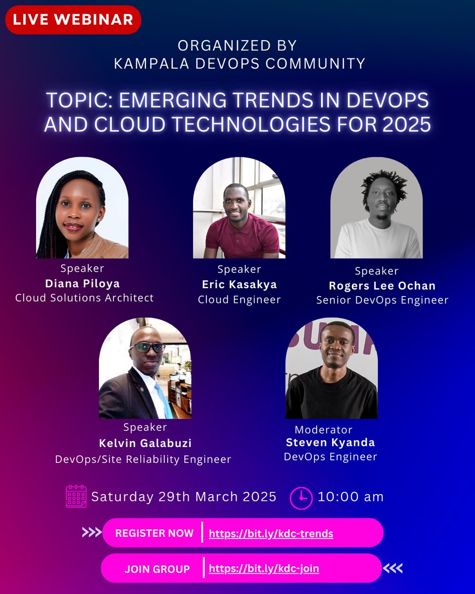 kyandaks's tweet image. 🔮 2025 Tech Forecast! 🔮
Dive into DevOps &amp;amp; Cloud&apos;s future! Expert insights on cutting-edge practices &amp;amp; key advancements. Don&apos;t miss out!

📅 Saturday 29th March, 10 AM.

🚀 Secure your spot: bit.ly/kdc-trends

#DevOps #Cloud #TechWebinar #kampalaDevopsCommunity