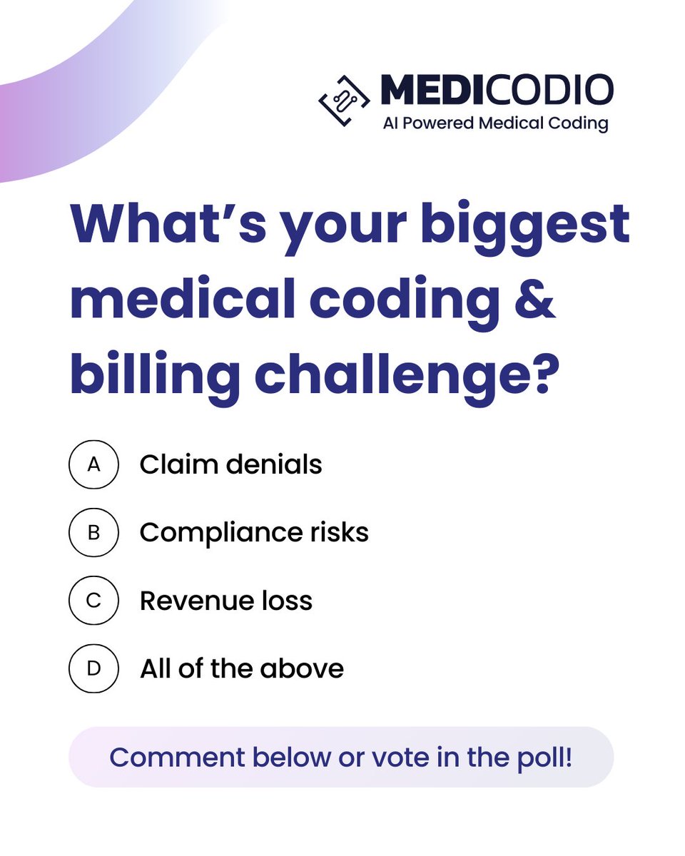medicodio's tweet image. ⚡ What’s Your ASC’s Biggest Billing Challenge? ⚡
🔘 A: Claim denials
🔘 B: Compliance risks
🔘 C: Lost revenue
🔘 D: All of the above
📢 Vote & comment! AI can help.
#MedicalCoding #AIMedicalCoding #Medicodio