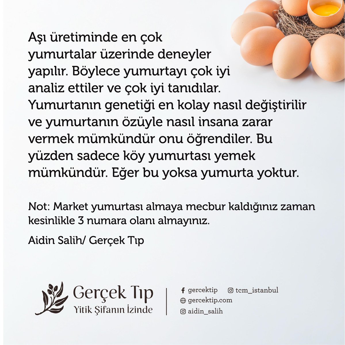 YUMURTA 

Yumurta herkes için çok değerli bir besindir. Düşünün ki küçük bir yumurtadan bir canlı çıkar. O zaman yumurtada enzimler, hormonlar, bütün vitamin ve gıdalar vardır. Bu nedenle yumurta çok değerlidir.

Aidin Salih/ Gerçek Tıp

#aidinsalih 
#gerçektıp
#yumurta