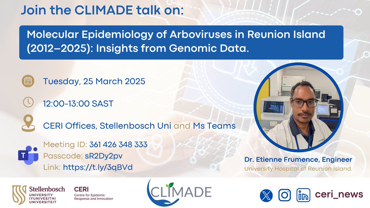 Centre for Epidemic Response & Innovation (CERI) (@ceri_news) on Twitter photo 🌍 This week in CLIMADE, we explore the genomic surveillance of dengue & chikungunya in Reunion Island with Dr. Etienne Frumence from <a href="/chudelareunion/">CHU de La Réunion</a>.
Climate Amplified Diseases and Epidemics (CLIMADE)—a global south-led consortium which work to predict, track, and control 🌍 This week in CLIMADE, we explore the genomic surveillance of dengue & chikungunya in Reunion Island with Dr. Etienne Frumence from <a href="/chudelareunion/">CHU de La Réunion</a>.
Climate Amplified Diseases and Epidemics (CLIMADE)—a global south-led consortium which work to predict, track, and control