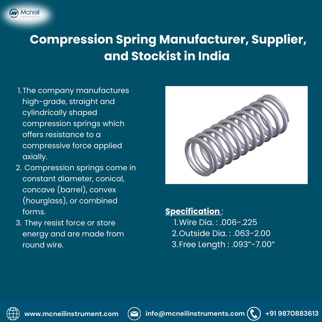 mcneilinstrume2's tweet image. Compression Springs &amp;amp; Helical Springs manufacturer, supplier and exporter.
#CompressionSprings #HelicalSprings #SpringManufacturer #SpringExporter #PrecisionSprings #McneilInstruments #India #USA #UAE #Germany #France #Canada #SaudiArabia #Qatar #Kuwait #Oman #Gulf