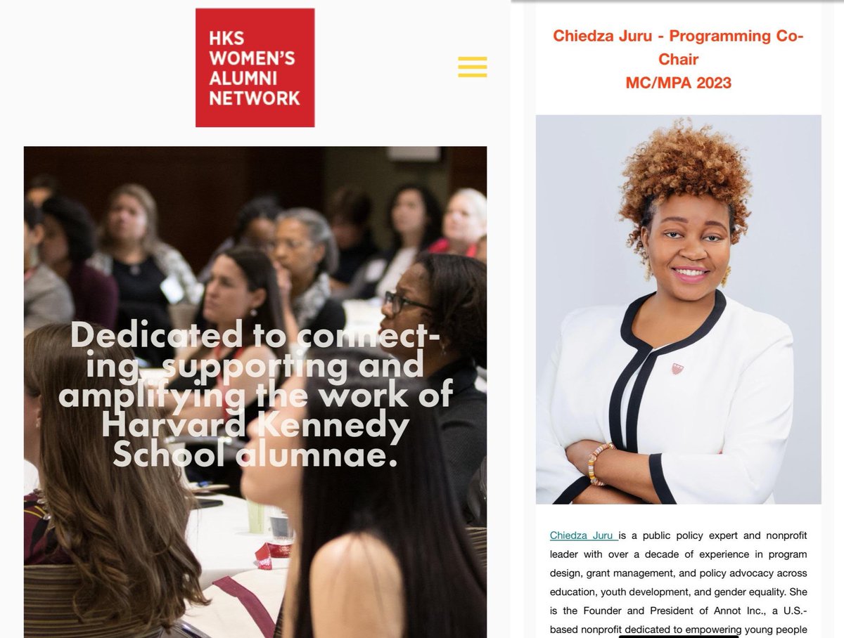 Chiedza Juru (@chiedzajuru) on Twitter photo Honored to join the Harvard Kennedy School Women's Alumni Network Board as Co-Chair, Programming!
The HKS Women’s Alumni Network connects, supports, and amplifies the efforts of <a href="/Harvard/">Harvard University</a> <a href="/Kennedy_School/">Harvard Kennedy School</a> students and alumnae in authentic, meaningful, and powerful ways. With over Honored to join the Harvard Kennedy School Women's Alumni Network Board as Co-Chair, Programming!
The HKS Women’s Alumni Network connects, supports, and amplifies the efforts of <a href="/Harvard/">Harvard University</a> <a href="/Kennedy_School/">Harvard Kennedy School</a> students and alumnae in authentic, meaningful, and powerful ways. With over