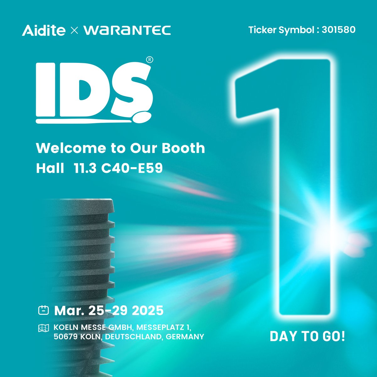 warantec's tweet photo. WARANTEC × Aidite ×IDS 2025 The Grand Event of Dental Industry is COMING SOON!
Only 1 Day Left Until the Opening of IDS 2025！ 
Booth: Hall 11.3 C40-E59 
Date: March 25-29, 2025
Location: KOELN MESSE GMBH, MESSEPLATZ 1, 50679 KOLN, DEUTSCHLAND, GERMANY
 See you at IDS 2025! https://t.co/2ThUJ0gjUT