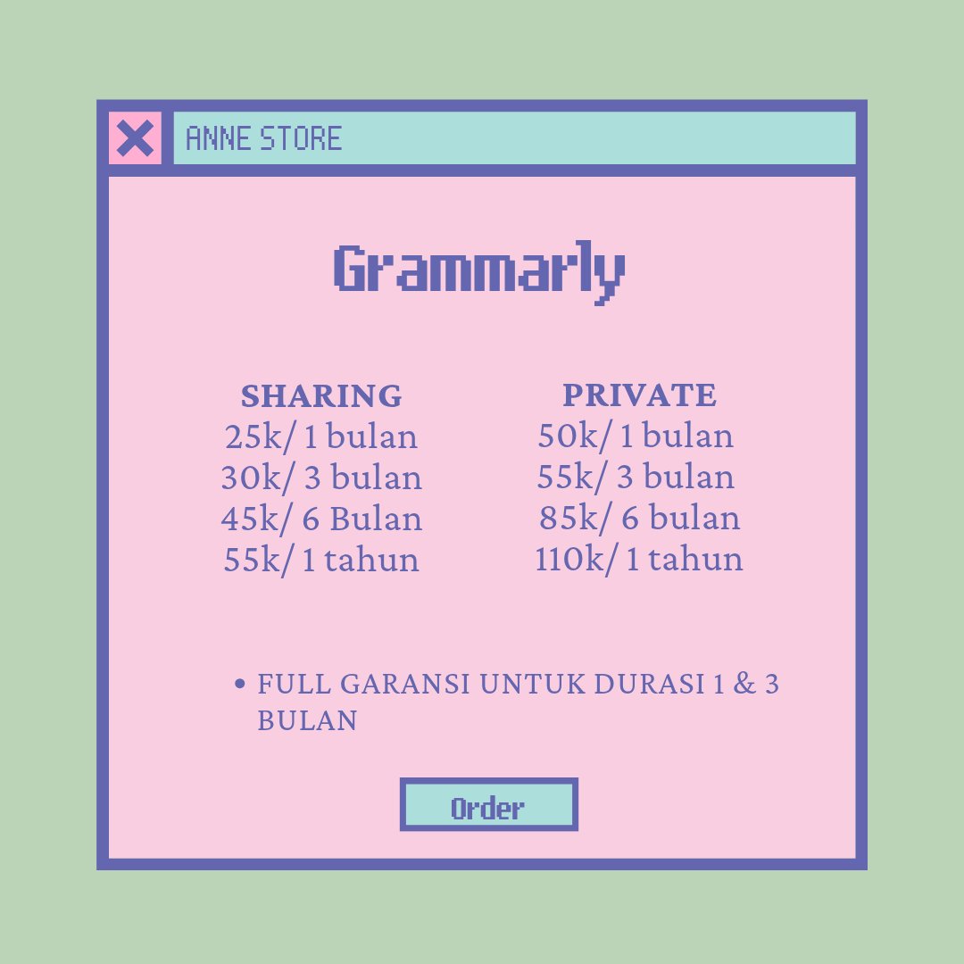 🪸 Ready Grammarly 🪸

—Sharing
↪25k/bln
↪30k/3 bln
↪45k/6 bln
↪55k/thn

—Private
↪50k/bln
↪55k/3 bln
↪85k/6 bln
↪110k/thn

➡Bergaransi
➡Trusted(#.testibyre)
➡Order: wa.me/6287768463922

t. sapa mana ada yang jual grammarly wps scribd ms 365 murah