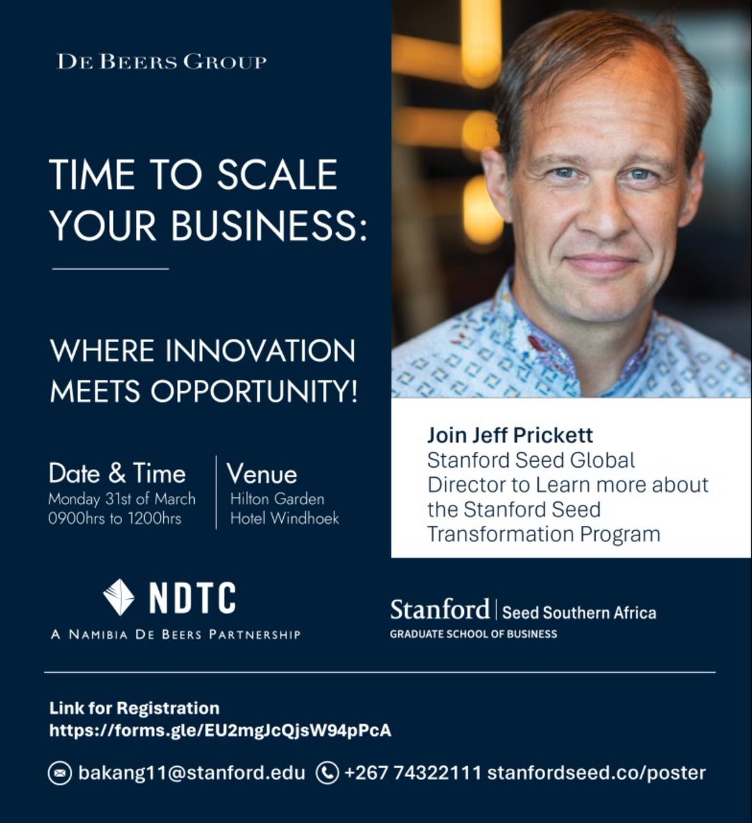 WLM1621's tweet photo. Business Leaders, Business Owners, would you like to take your Business to the next level? Applications for the Stanford Seed Transformational Program open Now! Register for this Transformational Information Business Breakfast session on 31 March 25. @debeersgroup @DebmarineN https://t.co/7FT8uAqrFr