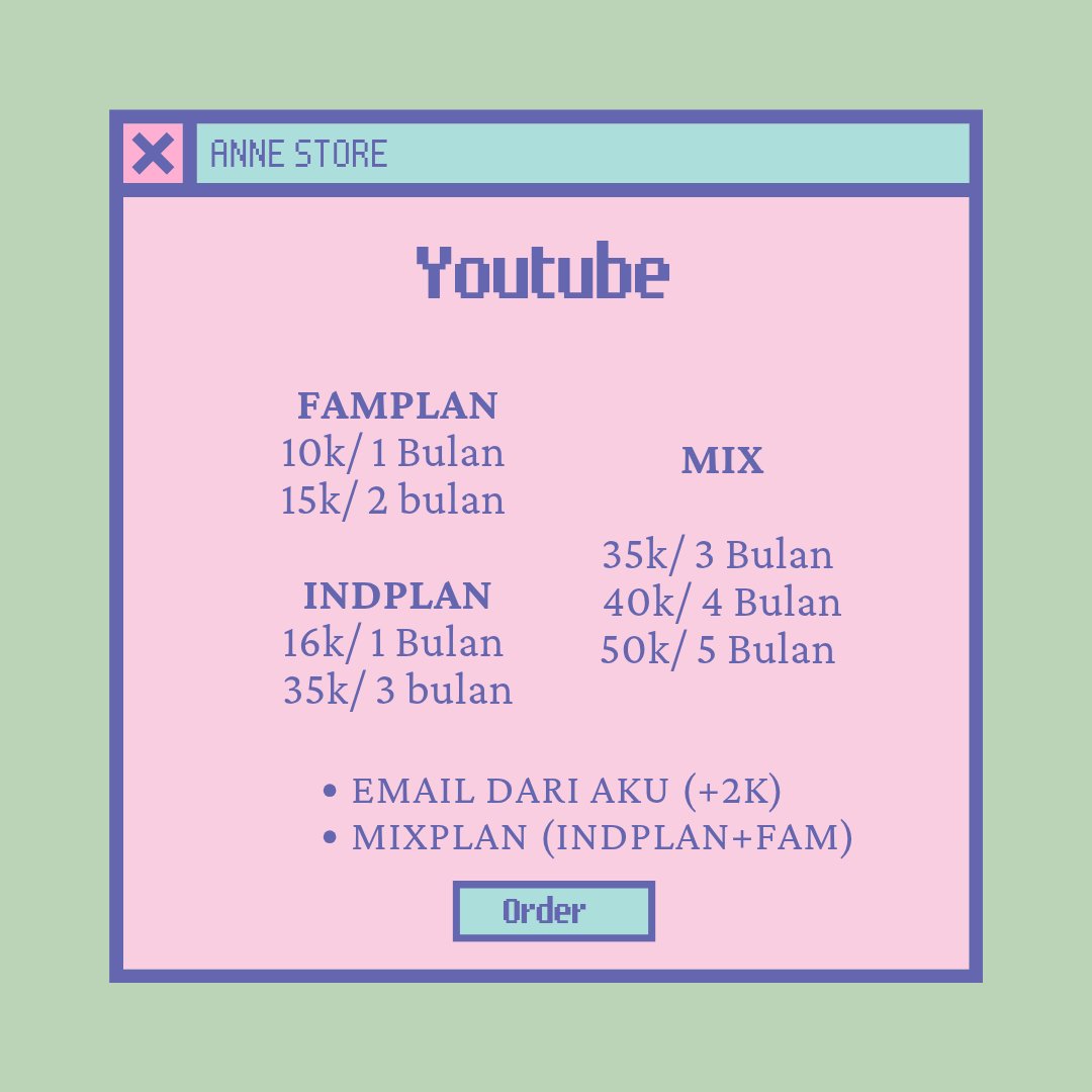 Ready Youtube🌈

—FAM
↪10k/bln
↪15k/2 bln
—IND
↪16k/bln
↪35k/3 bln
—MIX
↪35k/3 bln
↪40k/4 bln
↪50k/5 bln

➡Akun Seller (+2k)
➡Bergaransi 
➡Trusted (#.testibyre)
➡Order : wa.me/6287768463922

t. sapa mana ada yang jual youtube premium spotify appmus murah