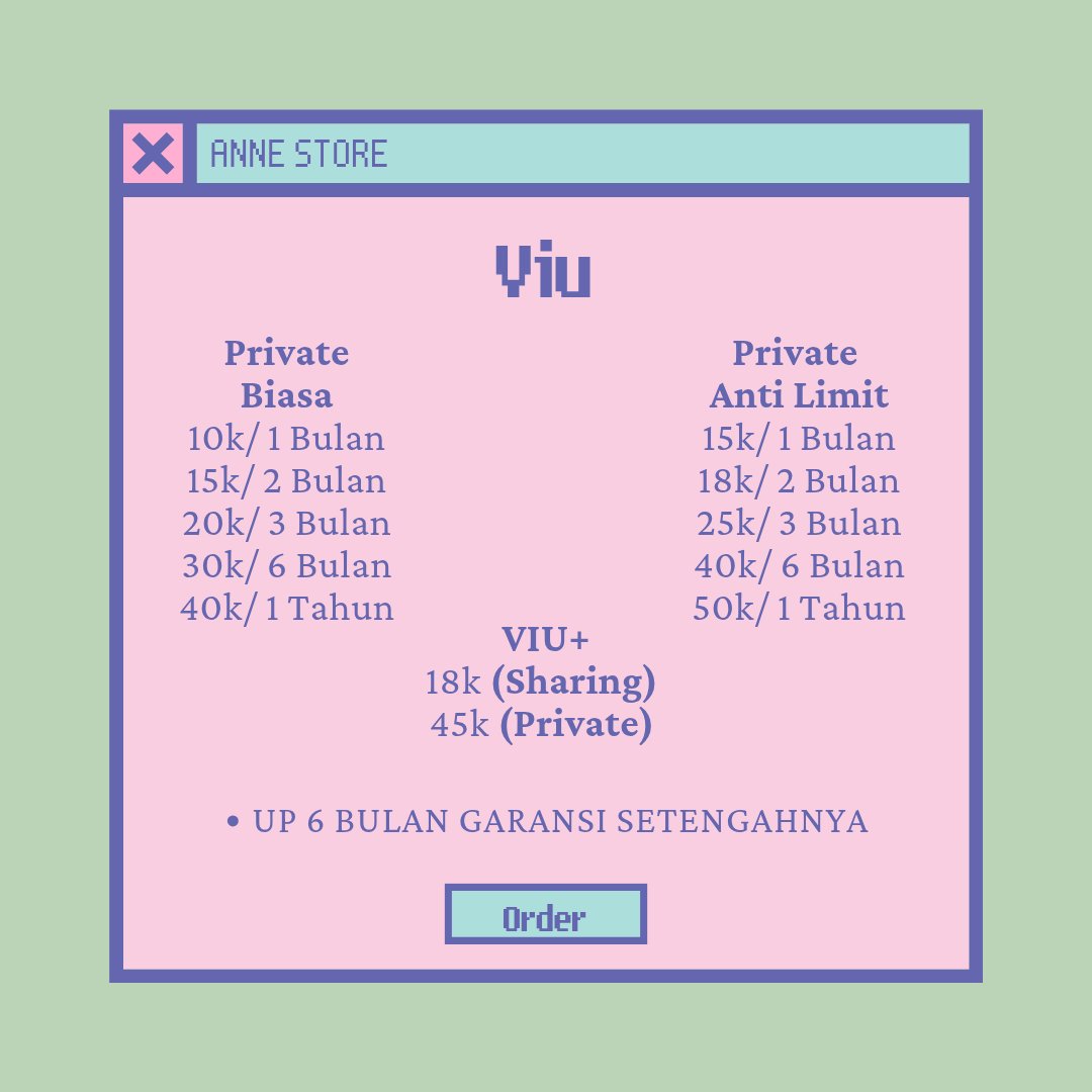 READY VIU PRIVATE 🦄

↪ 10k/bln
↪ 15k/bln
↪ 20k/3 bln
↪ 30k/6 bln
↪ 40k/thn

Anti Limit
↪ 15k/bln 
↪ 18k/2 bln
↪ 25k/3 bln
↪ 40k/6 bln
↪ 50k/thn

➡Bergaransi 
➡Trusted (#.testibyre)
➡Order : wa.me/6287768463922

t. sapa mana ada yang jual viu disney hotstar murah