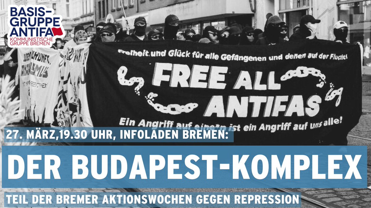 Seit über zwei Jahren läuft unter dem Titel #Budapest-Komplex eine staatliche Repressionswelle gegen Antifaschist*innen. Erst vor Kurzem haben sich untergetauchte Genoss*innen, nach denen gefahndet wurde, gestellt. Ihnen wird vorgeworfen, (1/6)