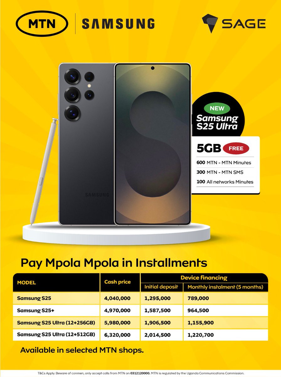 Experience the new Samsung S25 Ultra, with MTN’s Mpola Mpola installment plan. 

With a flexible payment plan of upto 5months, get FREE 5GB data + MTN minutes &amp; SMS. 

 Get it in selected MTN shops. #MTNDevices.