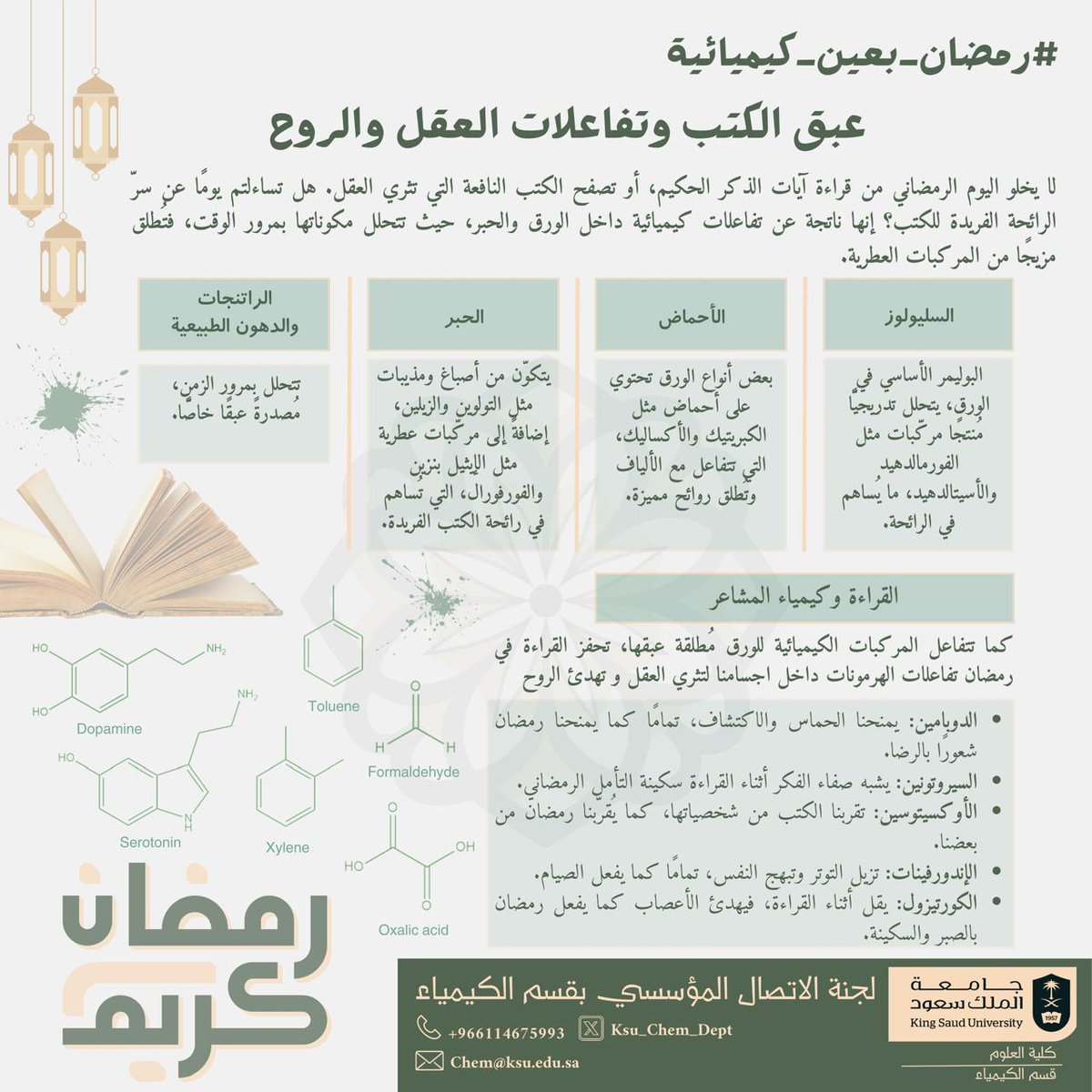 #رمضان_بعين_كيميائية

رائحة الكتب ليست مجرد شعور عابر،بل نتيجة تفاعل #مركبات_كيميائية مثل التولين والفورمالدهيد تنبعث من صفحات الورق.وفي رمضان،تضيف القراءة بُعدًا كيميائيًا أعمق،حيث يفرز الدماغ هرمونات مثل السيروتونين والدوبامين فتسكن الروح،ويصفو العقل،وتطيب القراءة